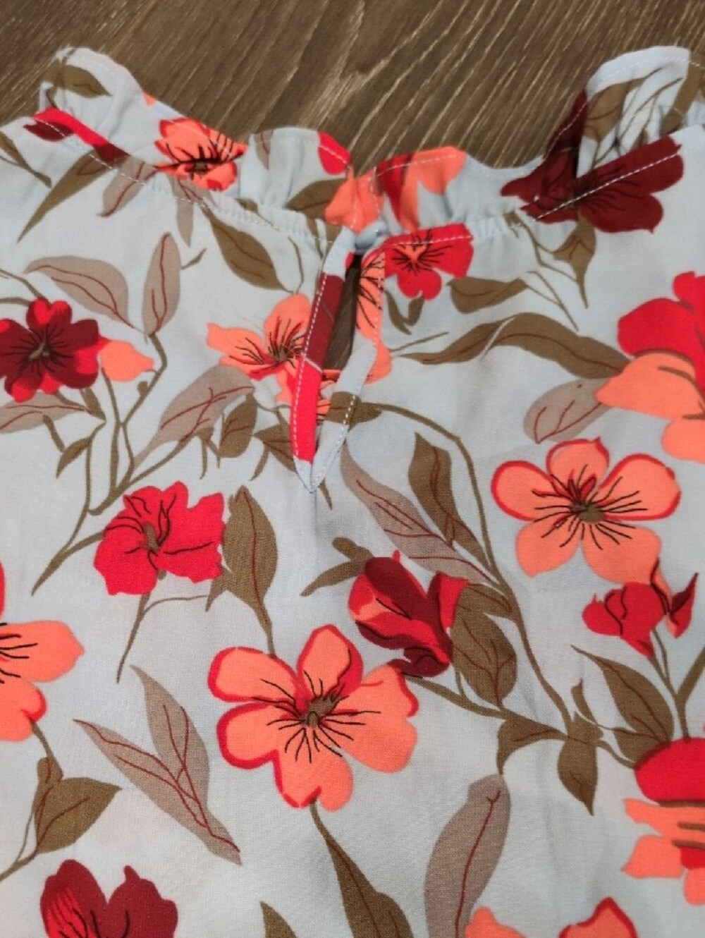 Floral Ruffle-Sleeve Blouse - Light Blue with Red & Coral Flowers - Picture 4 of 4